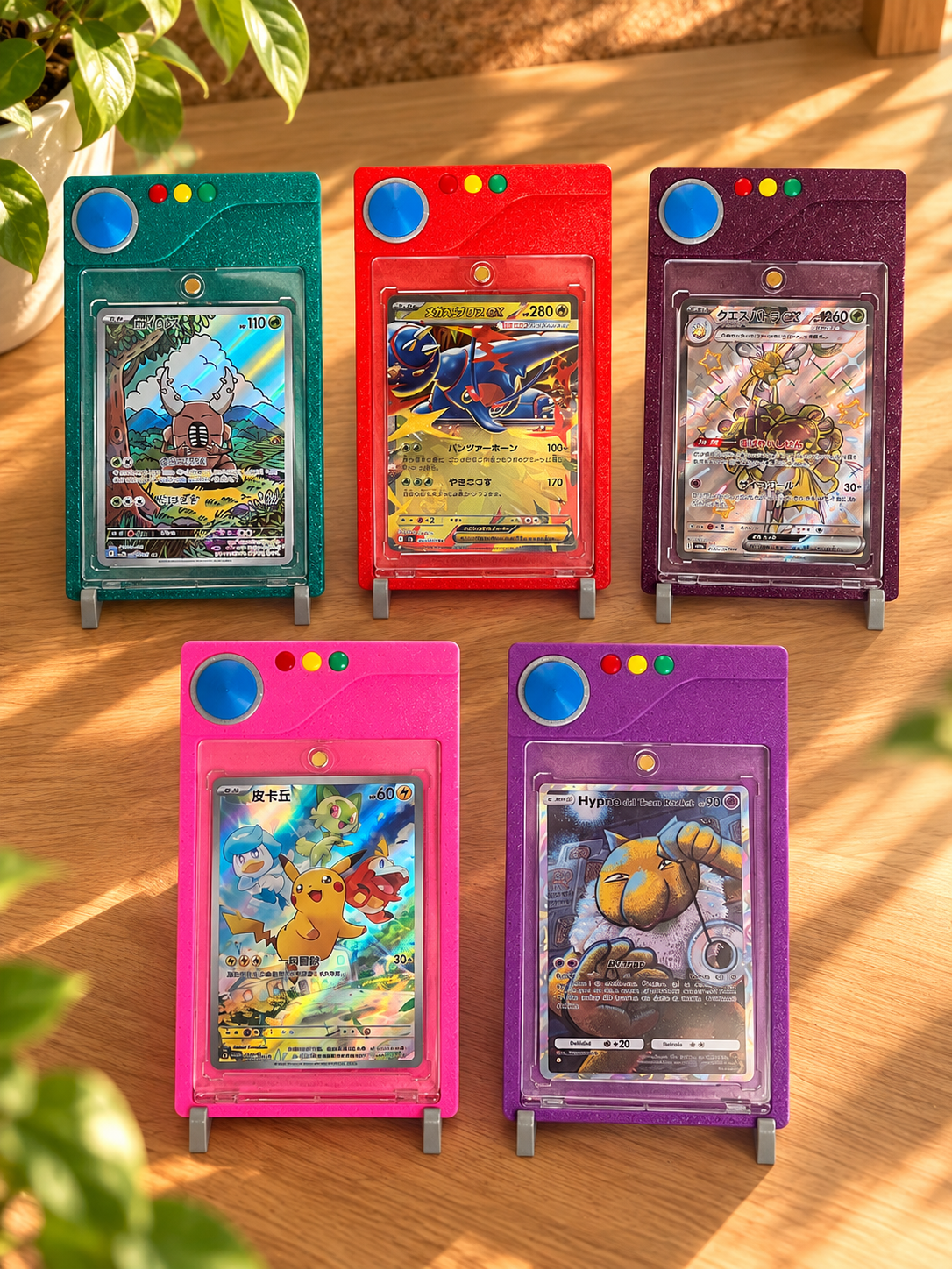 Expositores para cartas Pokémon TCG con diseño de Pokédex en cinco colores: turquesa, rojo, berenjena, rosa fucsia y morado.