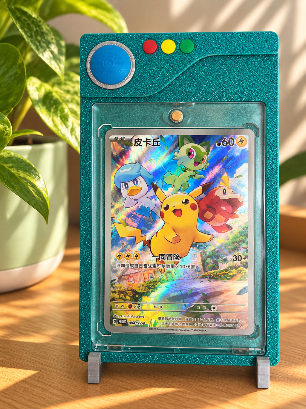 Expositor para cartas Pokémon TCG tipo Pokédex en color turquesa brillante con soporte de sobremesa