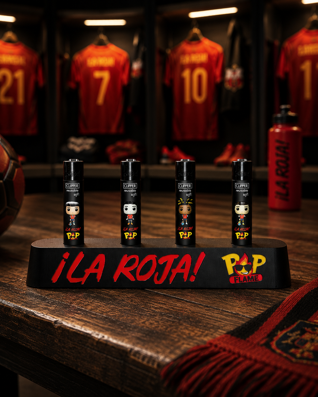 Expositor impreso en 3D para 4 mecheros Clipper colección La Roja Pop Flame